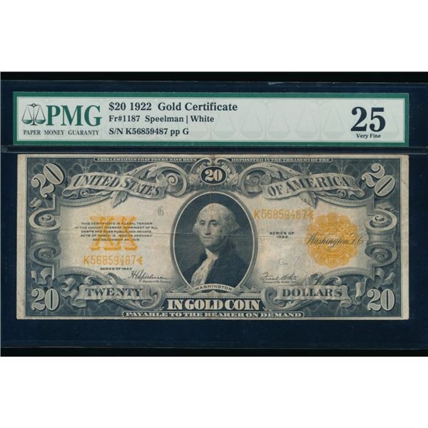 1922 $20 Gold Certificate PCGS 25