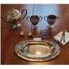 Silver Plated Serving Tray, Tea Pot, Cream And Sugar, Two Egg Cups, Toast Holder, And Nut Cracker