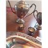 Image 4 : Silver Plated Serving Tray, Tea Pot, Cream And Sugar, Two Egg Cups, Toast Holder, And Nut Cracker