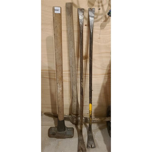 LOT OF 4 - PRY BARS, PICK, SLEDGE