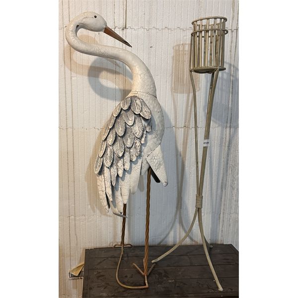 LOT OF 2 - PATIO ART - 37 INCH TIN CRANE & CANDLE HOLDER