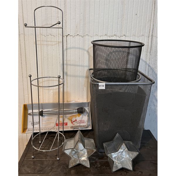 JOB LOT - DECO ITEMS - TOWEL HOLDER, CANDLE HOLDER, BASKETS