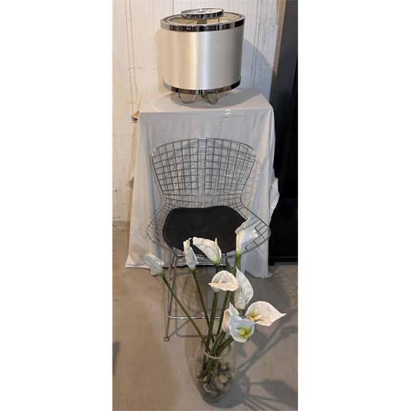 LOT OF 4 - CHROME DECOR - STOOL W/ LEATHER SEAT, 2 X HANGING LAMPS, CALLA LILLY DISPLAY