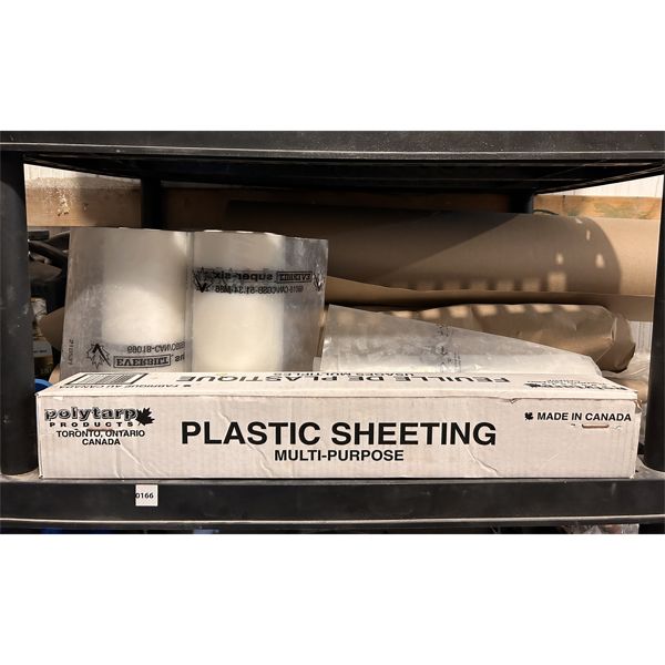 SHELF LOT - PLASTIC SHEETING, POLY ROLLS, HD PAPER FLOOR COVER
