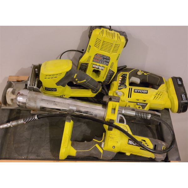 LOT OF 3 - RYOBI BELT SANDER, JIG SAW, GREASE GUN W/ BATTERY & CHARGER - WORKING 