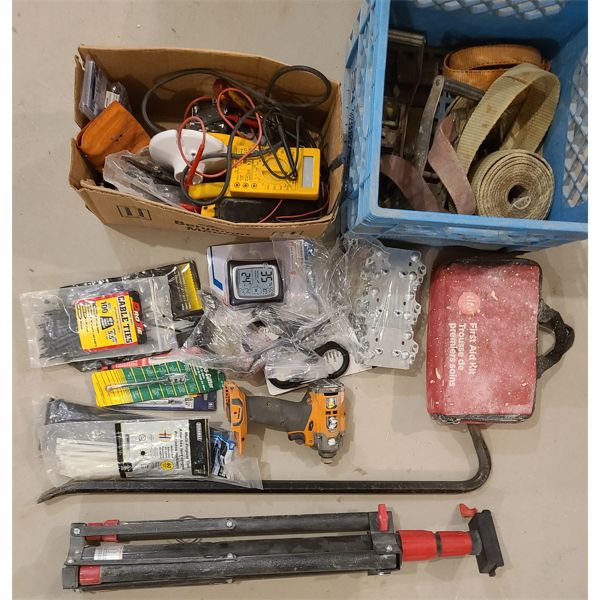 JOB LOT - TOW STRAPS, ELECTRICAL HARDWARE, TESTER, TRI-POD, WRECKING BAR, FASTNERS