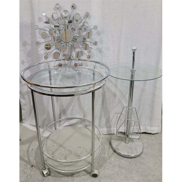 LOT OF 3 - CHROME DECOR - DRINK TROLLY, MAGAZINE RACK, MIRROR ART