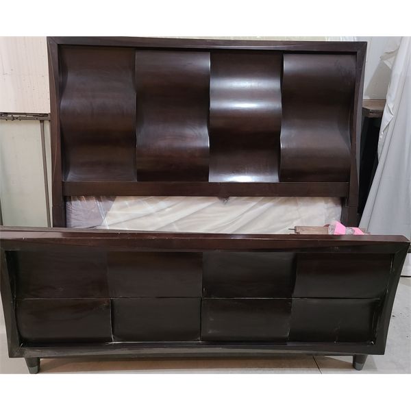 BEDROOM SET - SOLID WOOD WAVE DESIGN - QUEEN SIZE HEAD & FOOT BOARD, NIGHT TABLE & MATTRESS / BOX SP