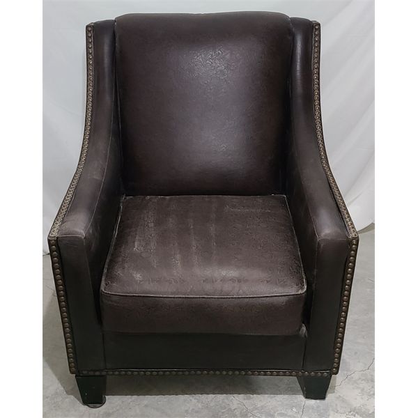 OCCASSIONAL CHAIR - PATTERNED BROWN LEATHER W/ BRASS STUDS