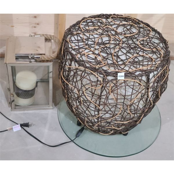 LOT OF 2 - LANTERN STYLE GLASS TOP SIDE TABLE & CANDLE HOLDER