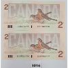 Image 2 : LOT OF 2 - CDN UNCIRCULATED 1986 SEQUENTIAL $2 BANKNOTES