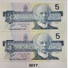 Image 1 : LOT OF 2 - CDN UNCIRCULATED 1986 SEQUENTIAL $5 BANKNOTES