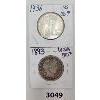 Image 1 : LOT OF 2 - U.S.A. 1893 & 1936 BARBER & WALKING LIBERTY 25CENT COINS