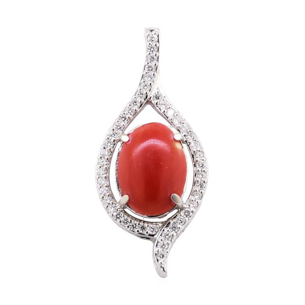 5.65 ctw Red Coral and Diamond Pendant - 14KT White Gold