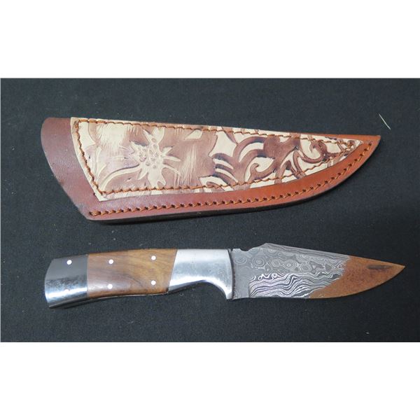 Damascus Blade Knife in Textured Sheath 9"L