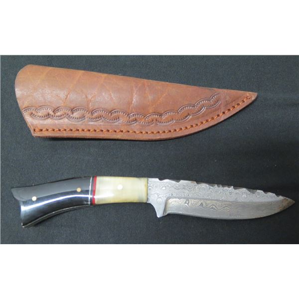 Curved Damascus Blade Knife in Textured Sheath 8"L
