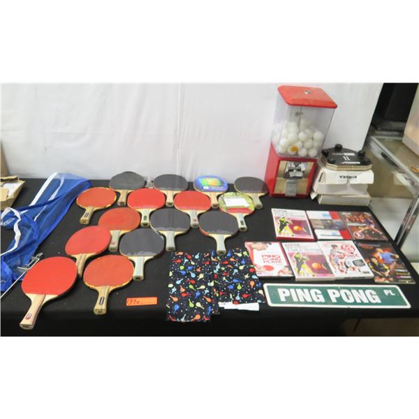 Multiple Ping Pong Accessories: Balls in Dispenser, Paddles, Street Sign, DVD's, etc