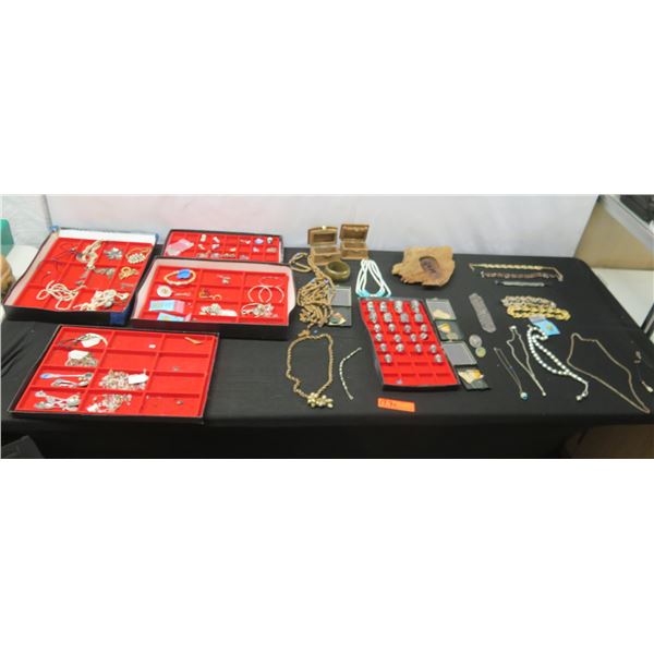 Multiple Display Cases w/ Misc Jewelry: Necklaces, Brooches, Bracelets, Rings, etc