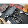 Image 8 : Misc Leatherware: Belts w/ Studs & Metal Clips, Skirt, Pouches, Metal Pendants, etc