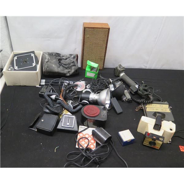 Vintage Camera & Photography Equipment: Filters, Cords, Lamps, Speaker, etc