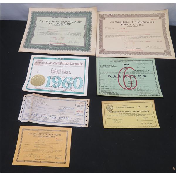 Qty 7 Arizona Liquor Licenses 1940's-1960