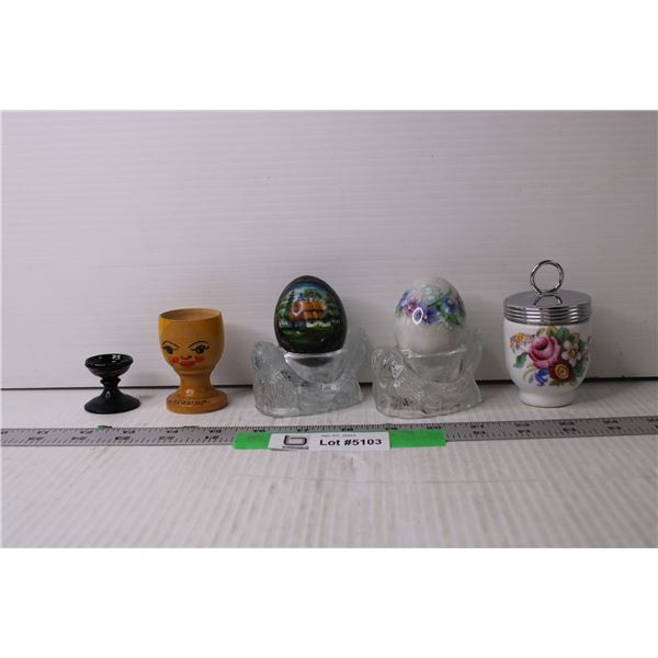 (3) Egg Cups and Marble Egg - Egg is Hand Painted