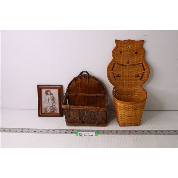 (2) Small Woven Baskets and Misc. Art