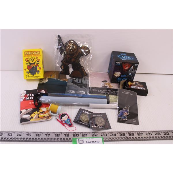 Various Anime Items-figurine, scrolls, pins, notebook, etc.