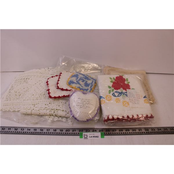 Assorted Doilies, table cloth, pin cushion, coasters, crotched and embroidered