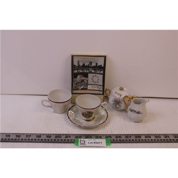 Various Items-Montreal skyline pleated, tea cup with saucer, cream and sugar set