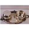 Image 2 : old iron, fruit jar rings, copper cream and sugar set, platter