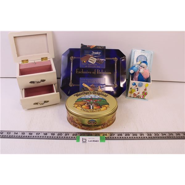 2 assorted tins, jack in the box, musical jewelry box