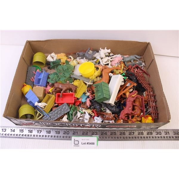 Box of Assorted Farm animals. trees, for kids play