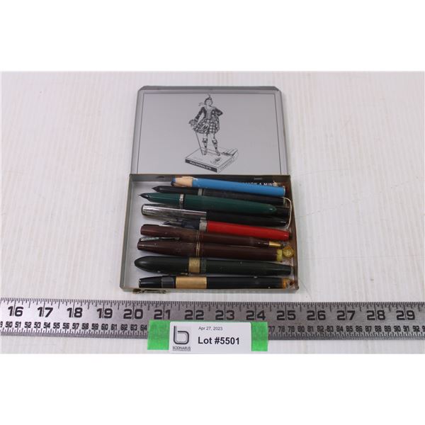 Variety of old pens-ink pens, China markers in a tobacco tin