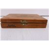 Image 6 : Wooden Cigar box, pins, trinkets, empty box, 2 small medicine tins