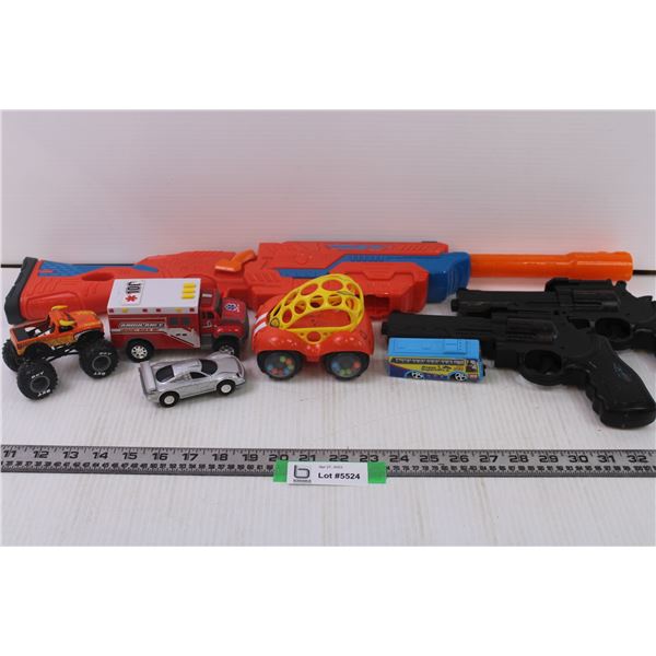 Assorted toys-toy guns, cars, trucks