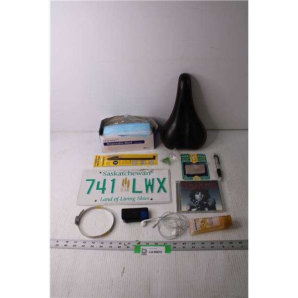 Lot of Assorted Items - Saskatchewan License Plate, Bike Seat