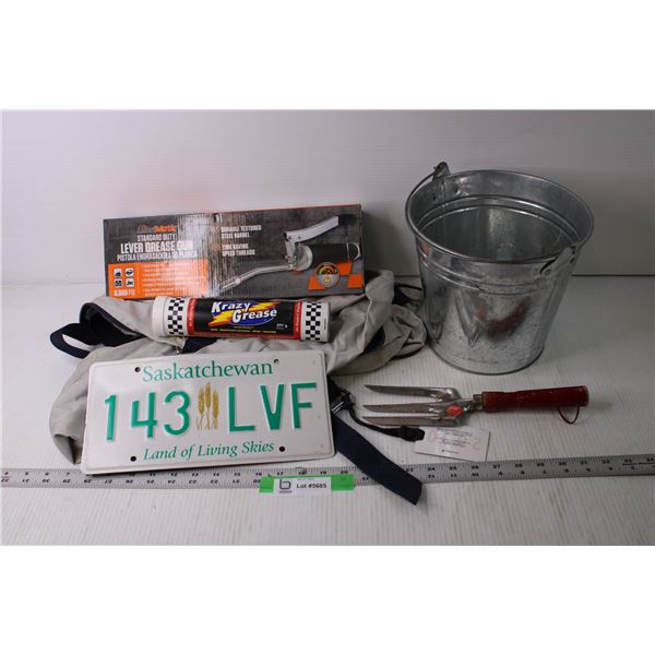 Lot of Assorted Items - Bucket, Lever Grease Gun, License Plate