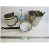 Vintage Flour Sifter - Metal Bucket - Food Chopper - Enamel Ware Pot
