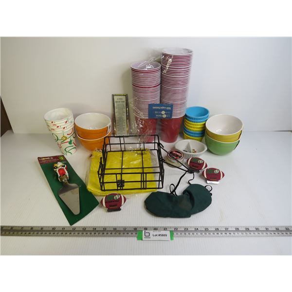 Assorted Bowls - Paper Cups - Napkins - Rider Clips - Santa Knife - Metal Basket - Misc. Items