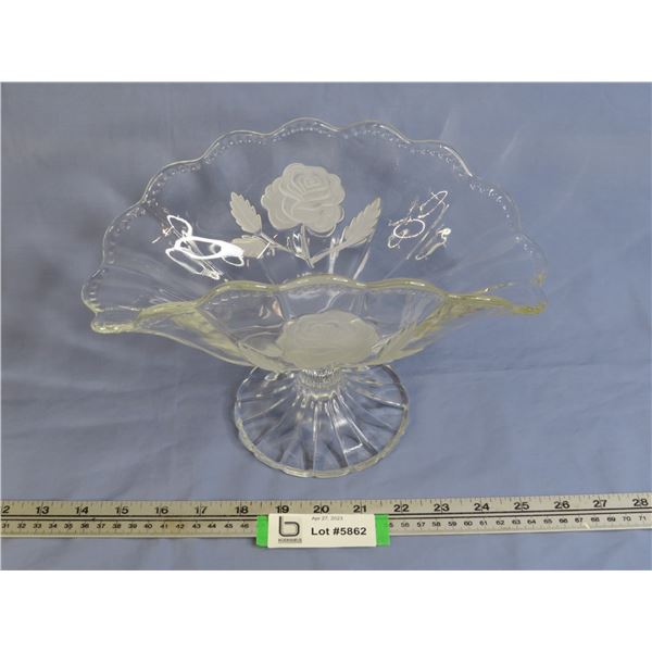 Glass Folded Dish w/Etched Raised Rose Pattern