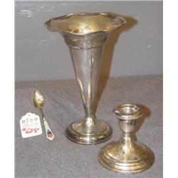 LOT STERLING VASE, CANDLESTICK AND SPOON