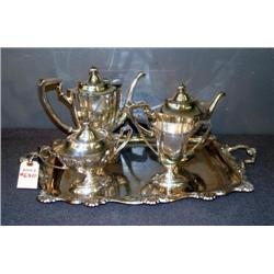 4 PC PLATED TEA SET ON DOUBLE HANDLED TRAY