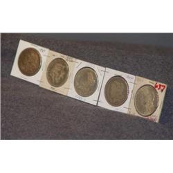 SILVER DOLLARS- 1884, 1889, 1889-O (2), 1890 - 5X