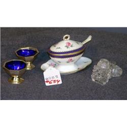 MINIATURE TUREEN, COBALT SALTS, AND GLASS SHAKERS