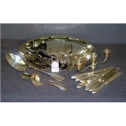 TRAY LOT OF PLATED FLATWARE AND BAULLAR SERVING