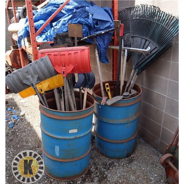 2 DRUMS OF ASSORTED TOOLS INCLUDING AXE,