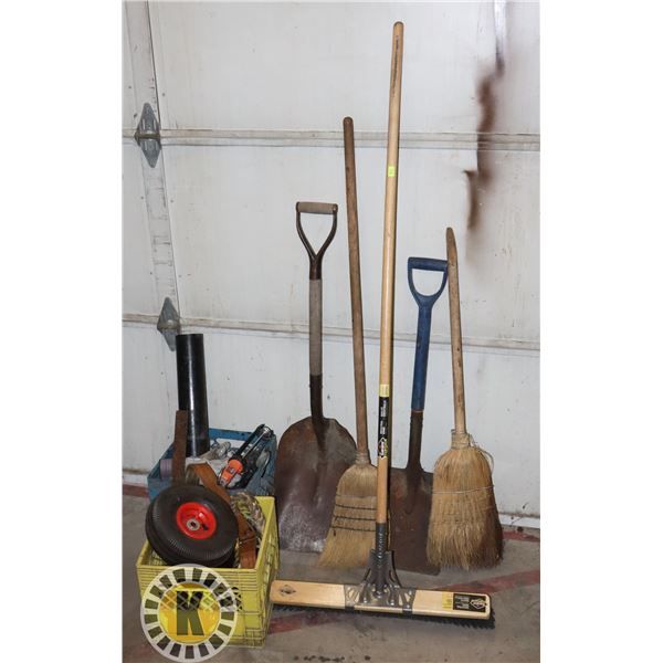 LARGE LOT OF SUPPLIES INCLUDING SHOVELS, BROOMS,