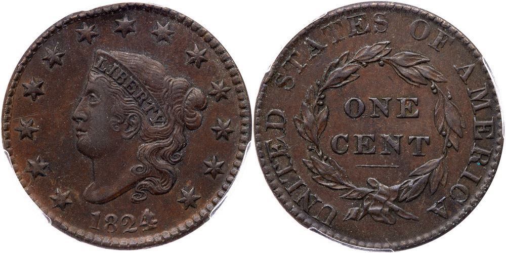 Four Over Two Sign 1824/2 N-1 R1 Overdate 4 over 2 PCGS graded AU50 - Early Cents Auctions