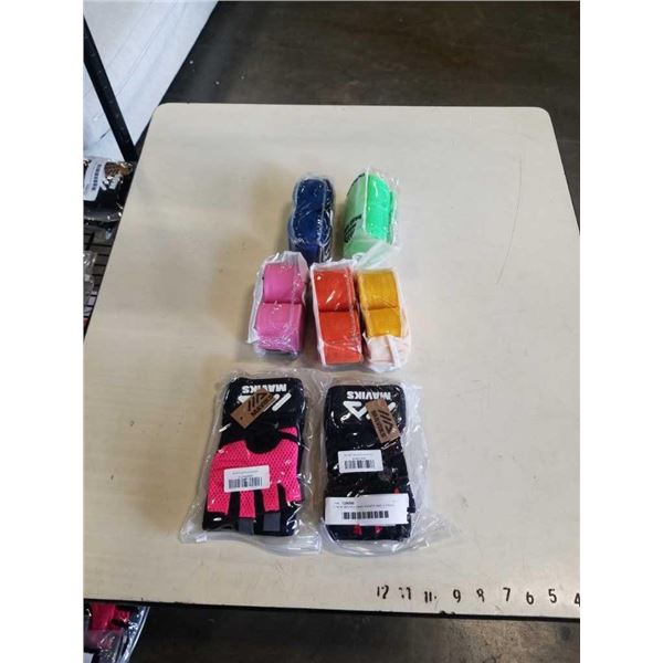 5 NEW MAVIKS HAND WRAPS AND 2 PAIRS WORK OUT GLOVES